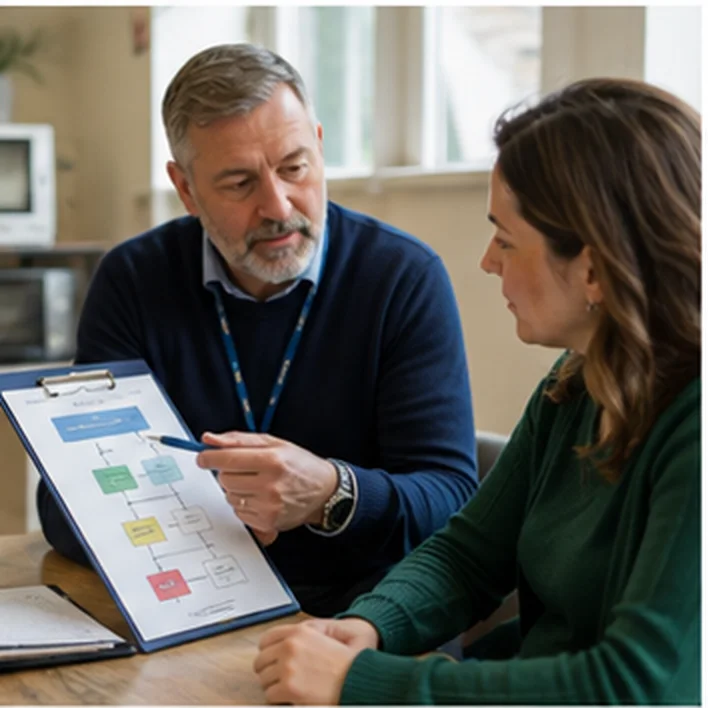 Two people looking through illustrated information together.