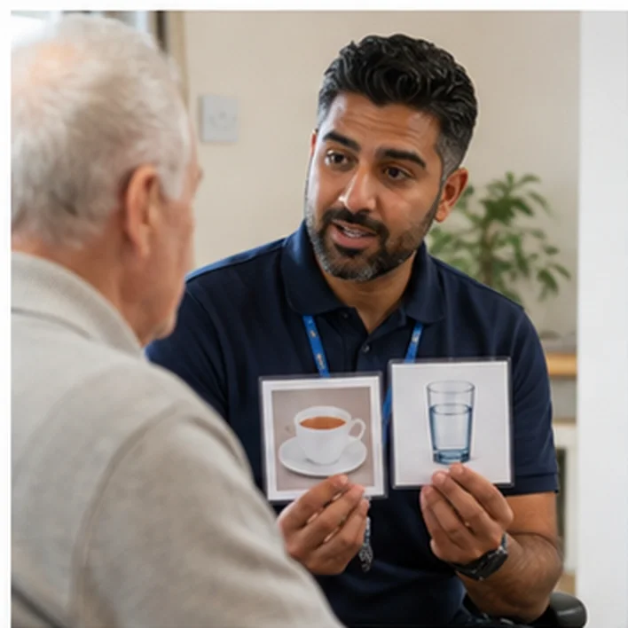 A care worker using picture cards in a conversation.