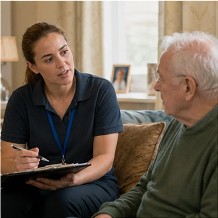 A care worker listening and making notes with an older man.