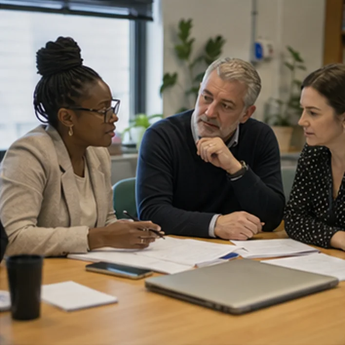 People discussing documents together at a table.