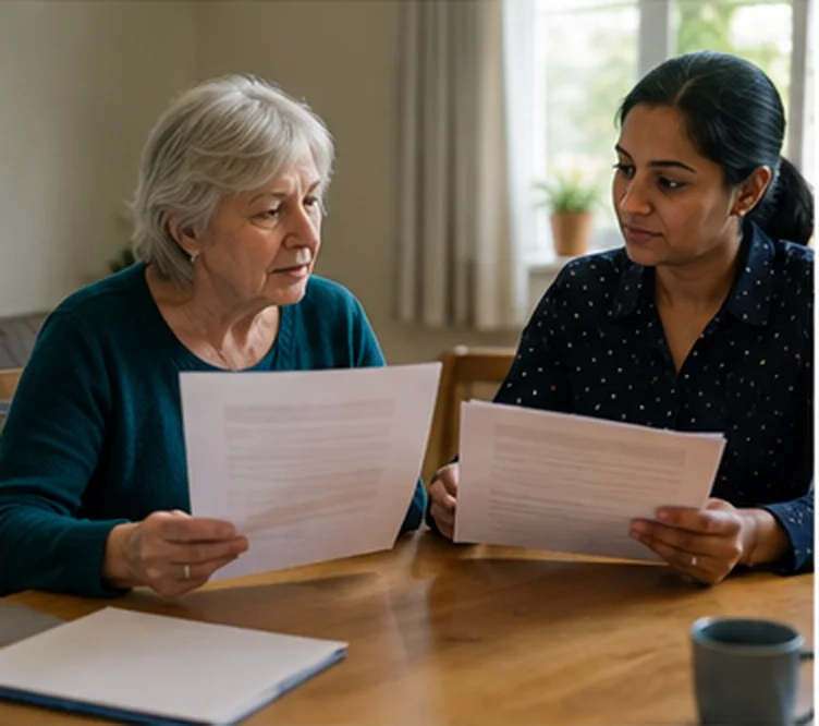 Two women looking through paperwork together.
