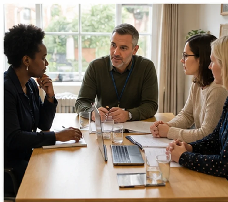 Three people discussing documents at a table.