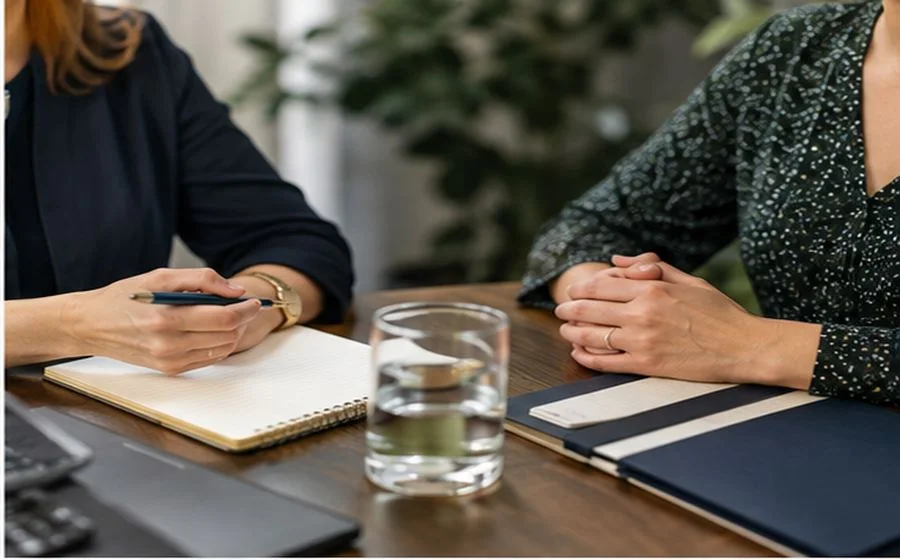 Two people discussing paperwork across a table.