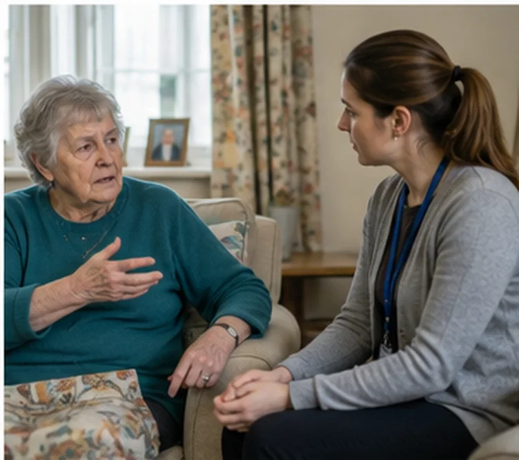 An older woman talking with someone who is listening to her.