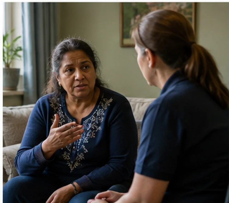 A woman sharing her concerns in a quiet conversation.