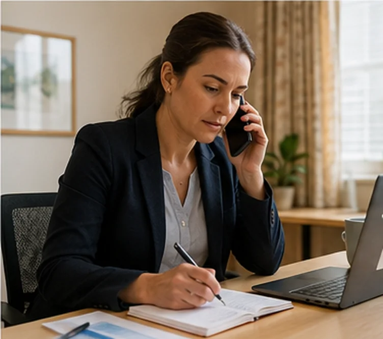 A woman making a phone call with a notebook beside her.