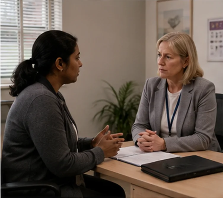 Two women having a private conversation at a table.