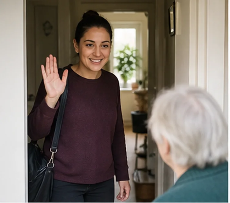 A visitor greeting an older person at the front door.