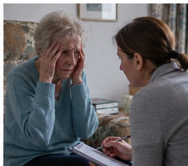 A person offering support to an older woman who looks distressed.