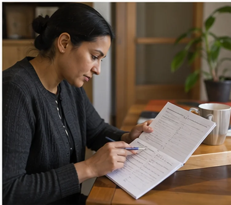 A woman writing notes on a document.