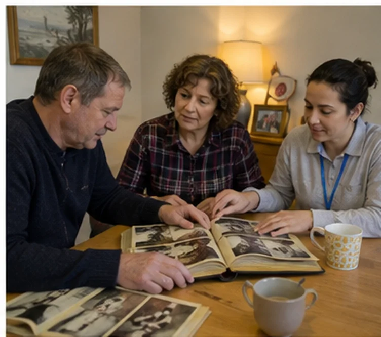 A family looking through photographs with a care professional.
