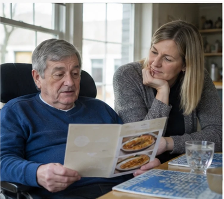 An older man and a woman sharing a photograph album.