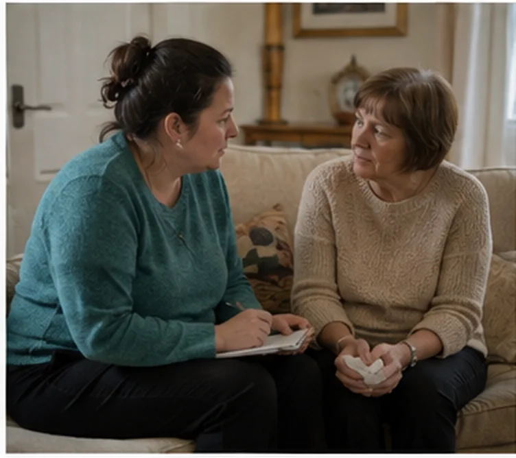 Two women sitting together in a supportive conversation.