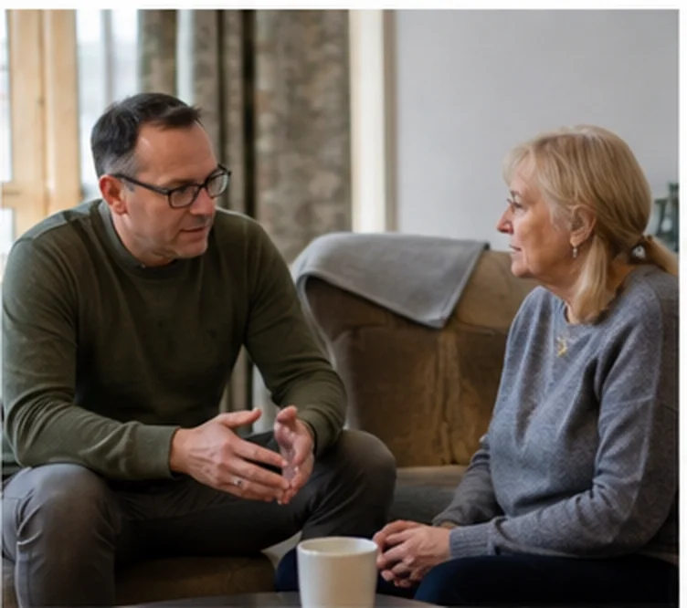 Two people discussing a plan at home.