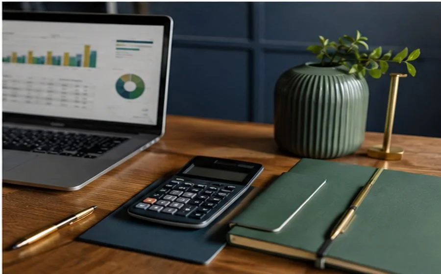 A calculator, notebook and laptop on a desk.