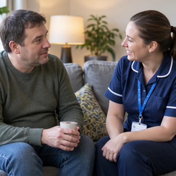 A man talking with a care worker at home.