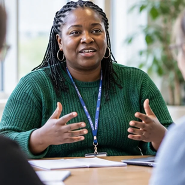 A woman speaking with a colleague.