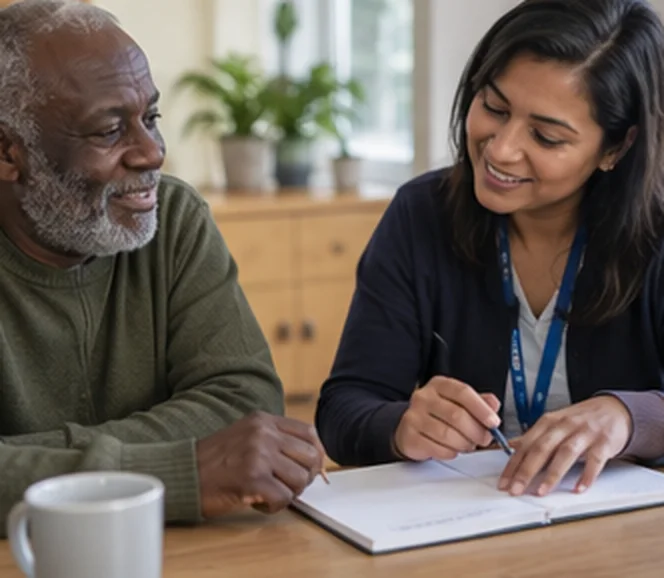 A care worker helping an older man with paperwork.