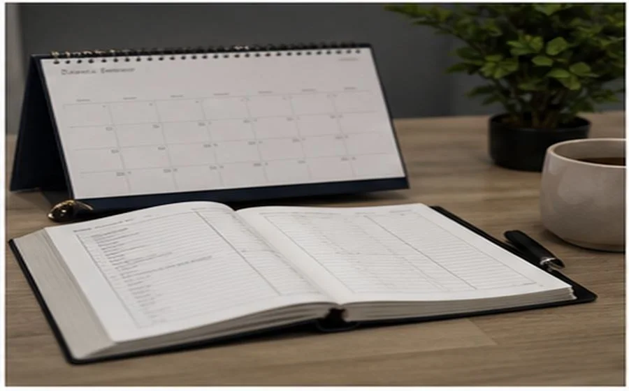 An open diary and notebook on a desk.