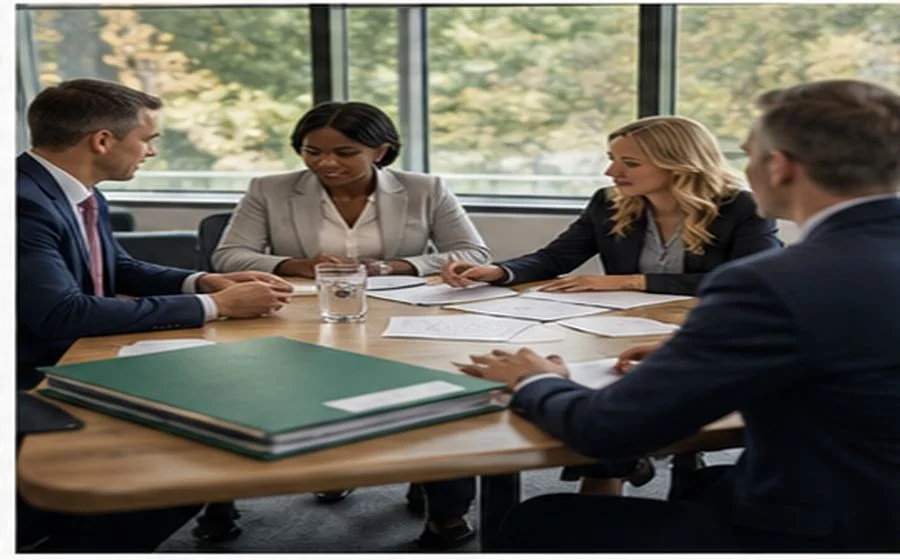 People reviewing information around a meeting table.