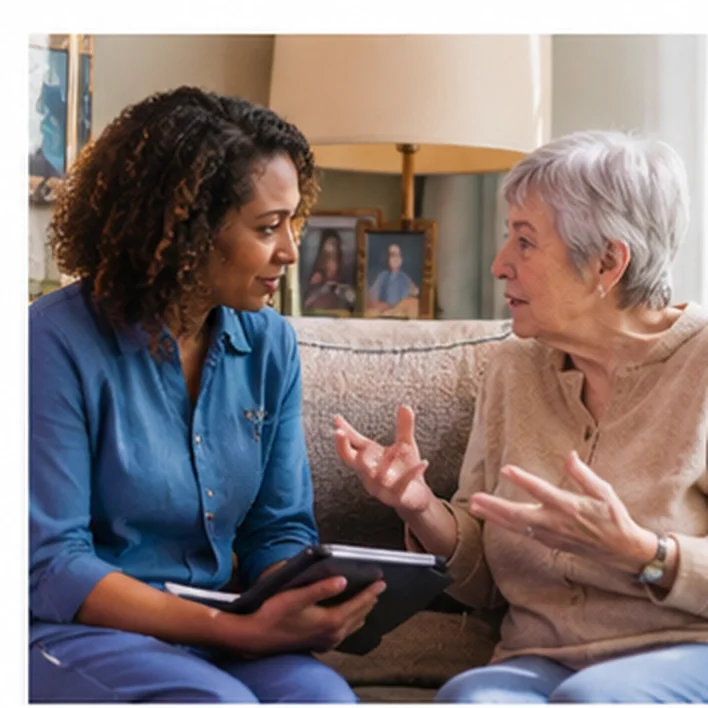 A woman listening to an older woman at home.