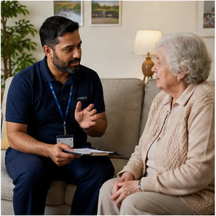 A care worker talking with an older woman in her living room.