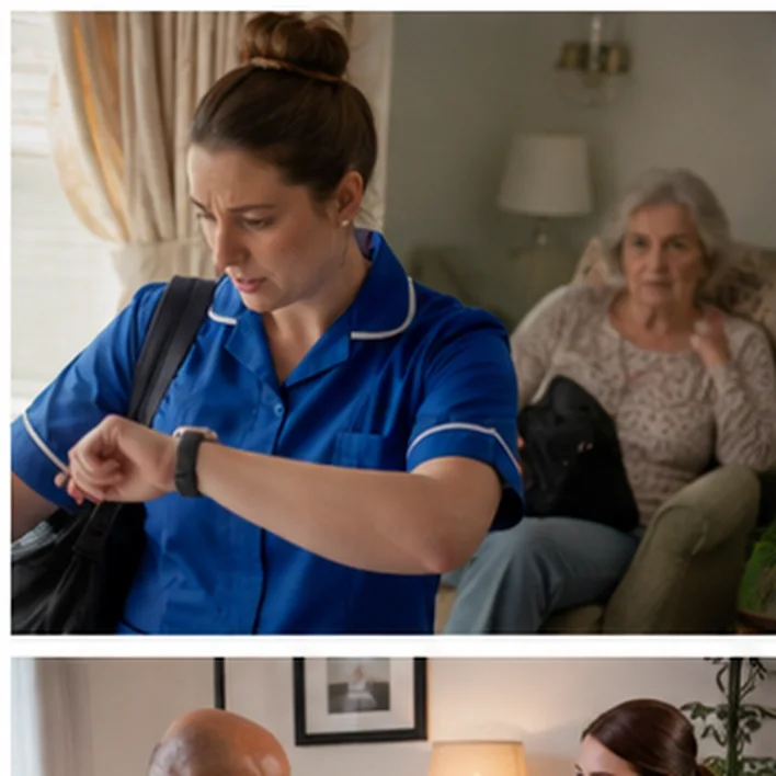 A care worker sitting in a living room with an older woman.