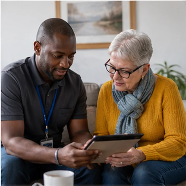 An older woman and a care worker looking at a tablet.