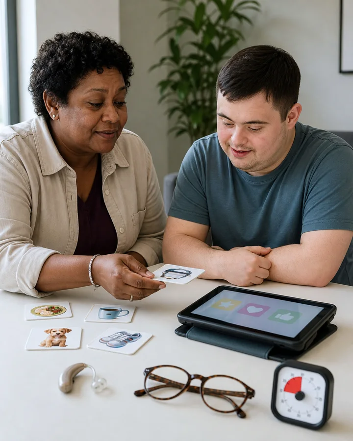 Two people looking at money and paperwork together.